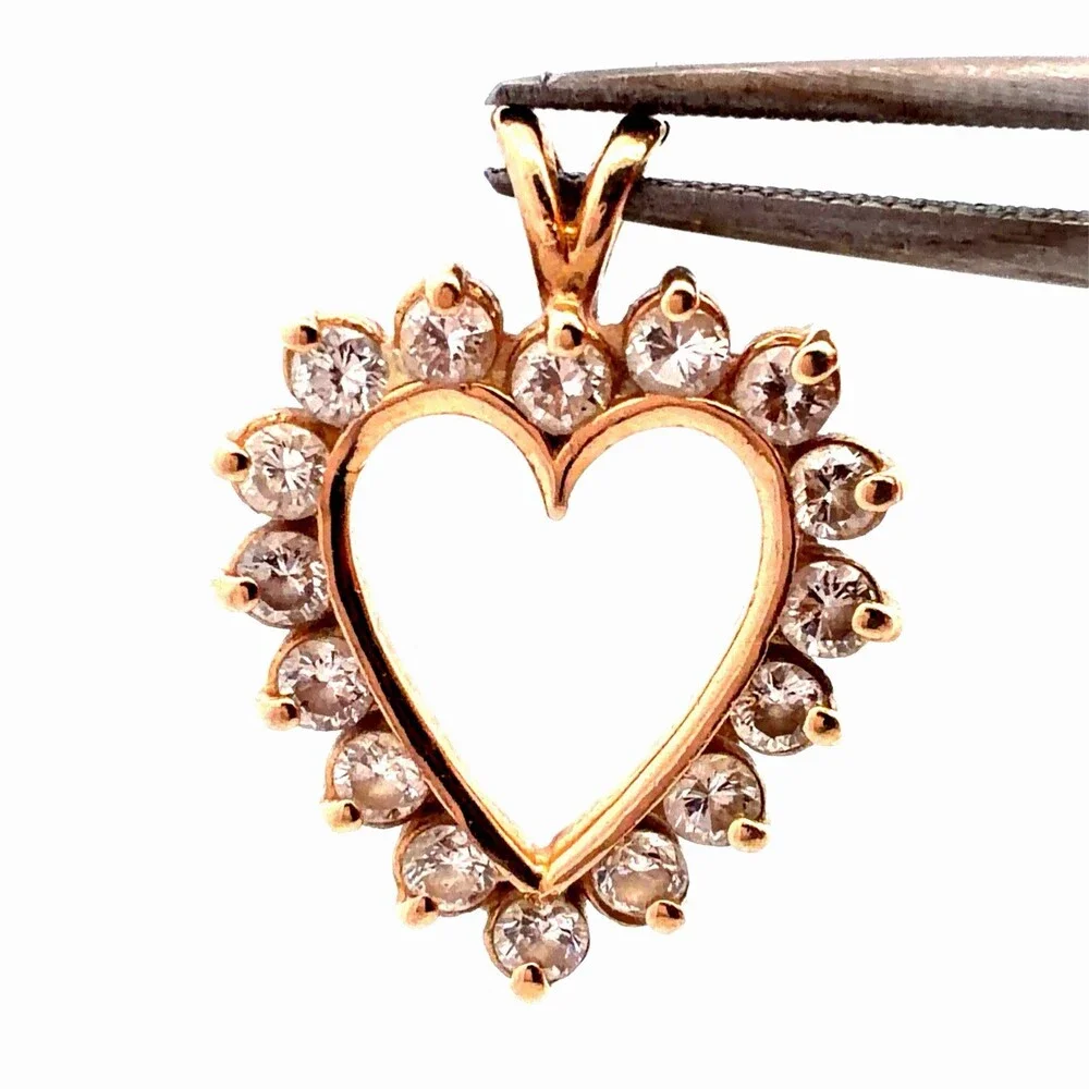 Estate 14K Yellow Gold Round Diamond Heart Love Anniversary Pendant